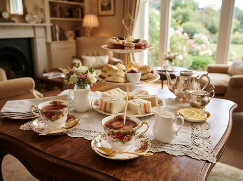 Elegant Afternoon Tea Service with Assorted Sandwiches and Scones in a Cozy Traditional Living Room Setting