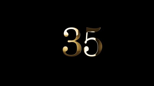 Number 35 in gold style with gold particles and transparent background, thirty five