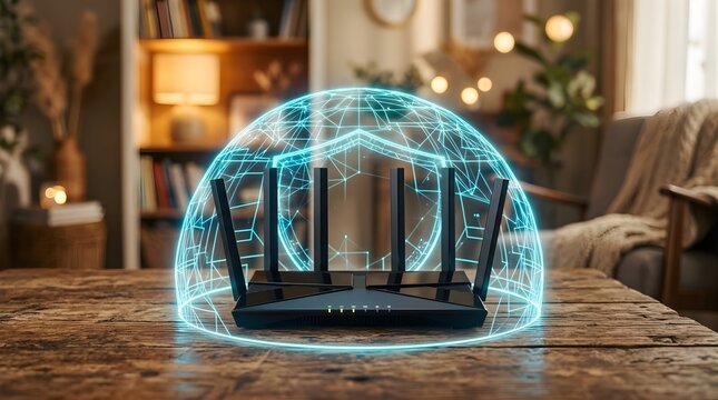 Wi-Fi Router Protected by Futuristic Glowing Blue Cyber Security Dome Shield on Table