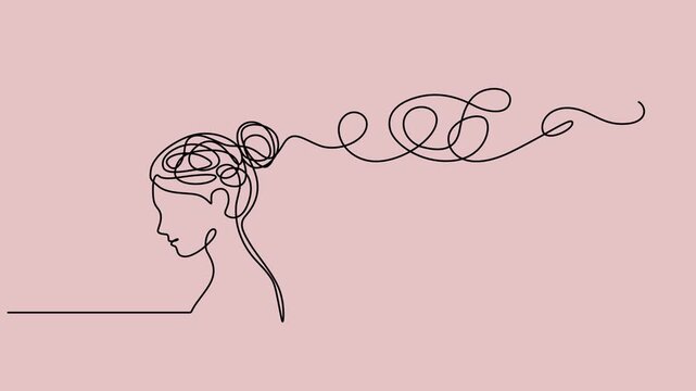 Animated self drawing of continuous line draw confused women. Continuous one line animation. Animated self drawing of continuous line draw  woman with confused feelings worried about bad mental health