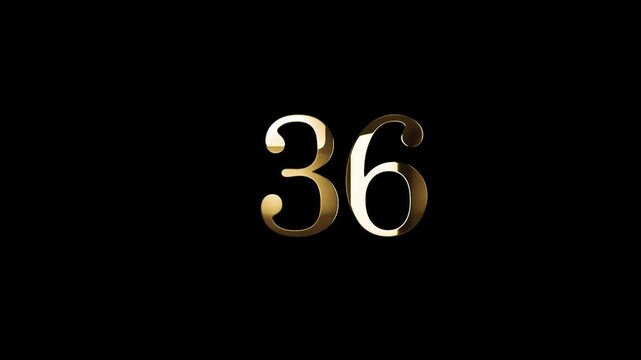 Number 36 in gold style with gold particles and transparent background, thirty six