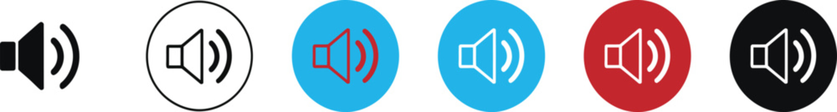 Volume icon set collection featuring sound wave vector graphics for media player control button plus audio speaker megaphone line art symbol elements for web design
