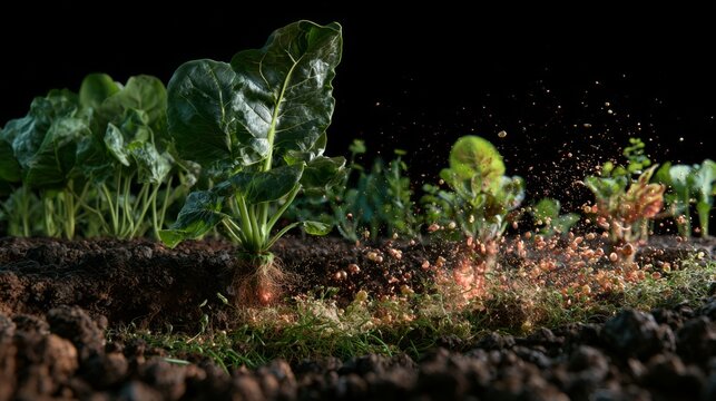 Engineered Microbial Networks Enhancing Crop Growth in Fertile Soil with Vibrant Green Plants and Spattering Soil Particles