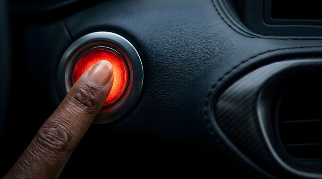 Person pressing the red engine start button inside a modern luxury car
