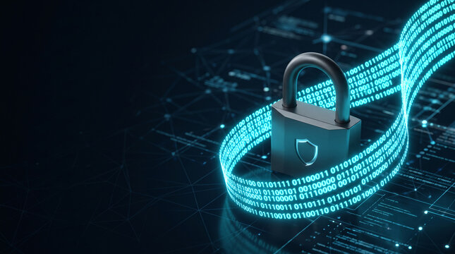 Digital padlock secured by a glowing stream of binary code, symbolizing data security, cyber protection, and privacy for digital concepts
