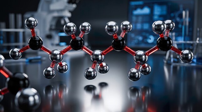 Molecular chain model rendering showing metallic spheres connected by red glass bonds over reflective laboratory table with blurred scientific equipment in background.