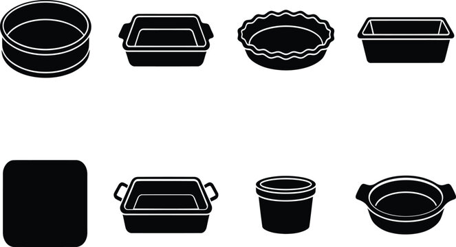 Collection of baking dish silhouettes against a white background showcasing various cookware forms kitchenware bakeware pie casserole roasting pan serving rectangular square