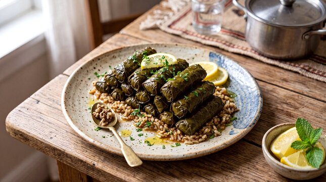 Traditional Mediterranean stuffed grape leaves filled with meat and rice served with lemon on rustic wooden table