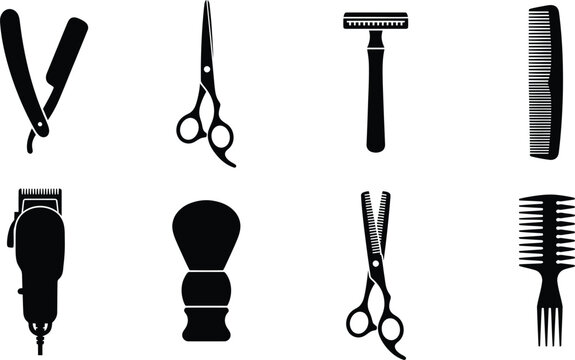 Barber tools silhouette collection against a white background featuring razors scissors and combs barbering haircutting hairdressing grooming shaving razor straight safety comb