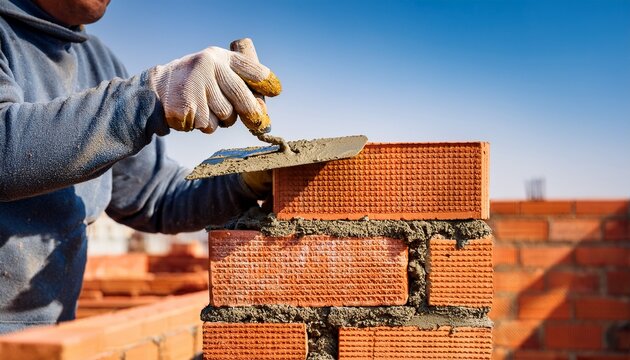 closeup of a bricklayers hand using a trowel to apply mortar onto a brick wall at a construction site