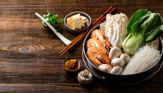 assorted fresh asian hot pot ingredients like mushrooms bok choy tofu shrimp and noodles on a rustic wooden table ideal for culinary blogs healthy recipe content and food preparation guides