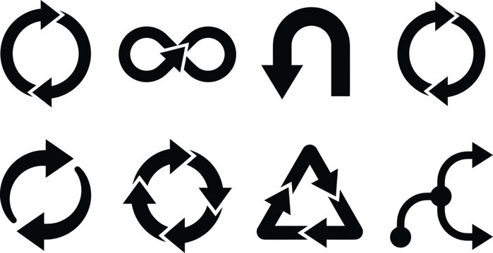 Circular arrow symbols and infinity loop shapes in a black silhouette style on a white background arrows recycle symbol rotation cycle clockwise