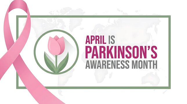 Parkinson's awareness month banner. Medical campaign graphic with pink ribbon and tulip.