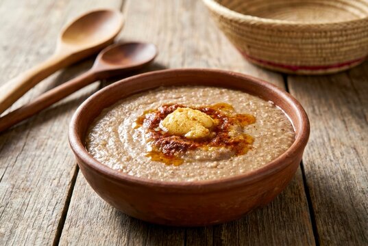Traditional Ethiopian Bula soft wild cassava flour porridge served in a rustic clay bowl on wood