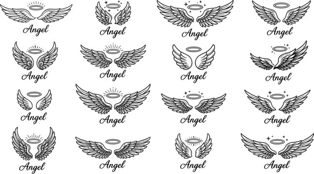 Decorative angel wings collection with holy nimbus rings and script lettering elements for vintage tattoo design layouts