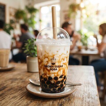 Refreshing Iced Brown Sugar Bubble Milk Tea Served in a Clear Plastic Cup at a Cozy Bright Cafe Setting