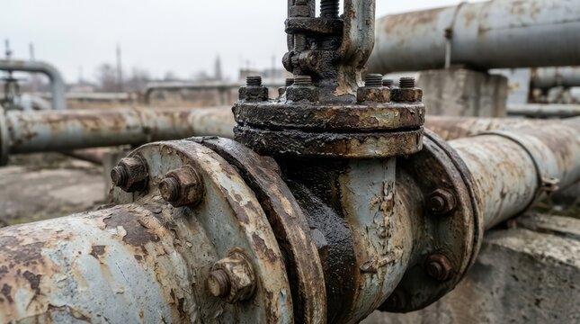 Rusty oil pipeline valve with leaking corrosion and oily residue closeup for industrial maintenance background and inspection report imagery