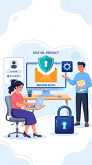Fototapeta premium Digital privacy concept with people logging in and securing data, showcasing online security and protection, suitable for business or technology themes