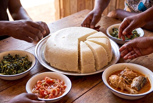 Traditional Zambian nshima corn cake served family style with flavorful stew and greens on a wooden table.