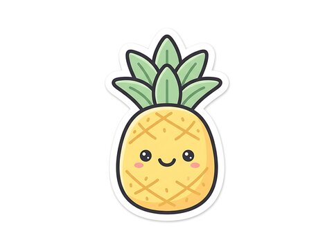 Kawaii Pineapple Illustration: A cute and cheerful pineapple character with a smiling face and rosy cheeks, rendered in a charming kawaii style, bringing a touch of tropical sweetness to any design.