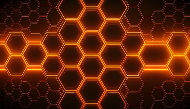 abstract dark background with glowing orange neon hexagon grid pattern futuristic honeycomb texture digital technology design wallpaper