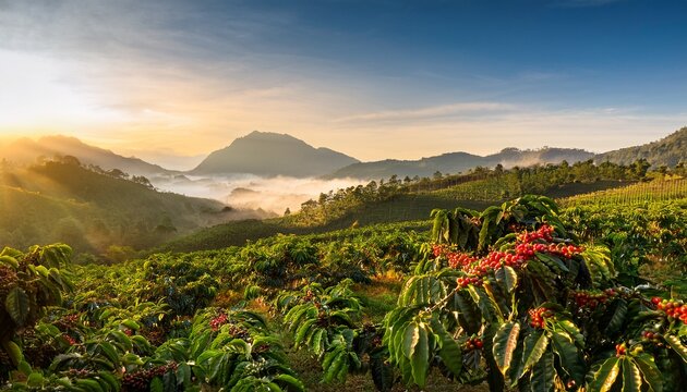 lush coffee plantation at sunrise with ripe coffee cherries and misty mountains