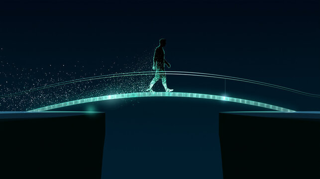 Particle human figure walking across a digital bridge.