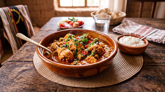 Traditional Angolan Muamba de Galinha chicken stew served in a rustic clay bowl on wooden table