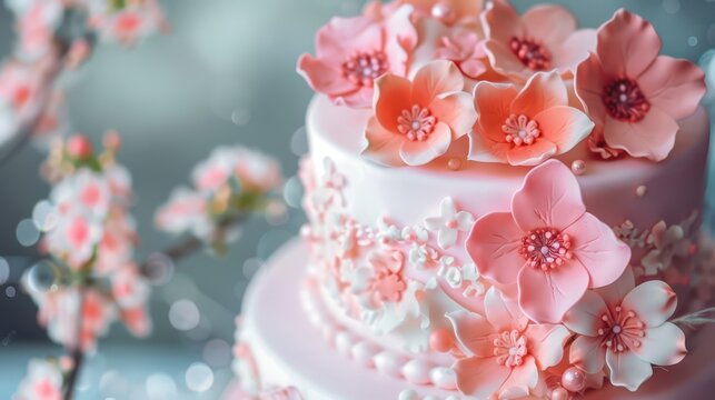 Elegant quincea&ntilde;era celebration cake with pink floral decorations for a 15th birthday party. Horizontal banner. Copy space. Free space for text