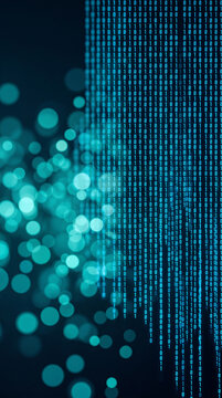 Digital binary code streams with blurred blue bokeh effect, representing data flow and technological advancement