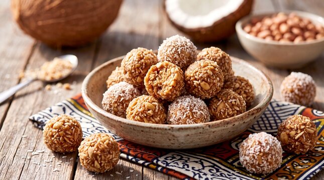 Traditional Mozambique Lato Balls, sweet round dried coconut and peanut candy in a rustic ceramic bowl.