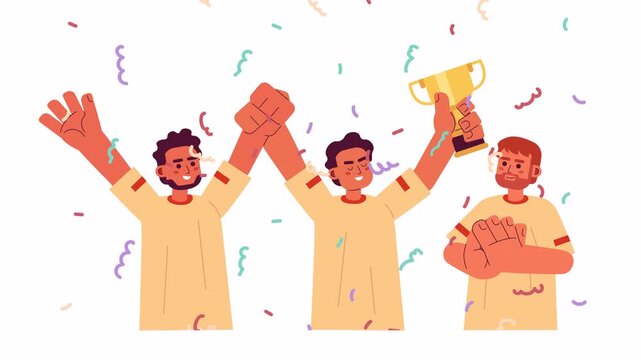 Team winning sports cartoon animation. Esports champions confetti 4K video motion graphic. Team members celebrating victory with trophy cup 2D color animated characters isolated on white background.