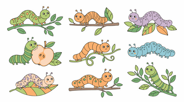 Cute caterpillar cartoon character set, colorful garden insect vector collection, hand drawn larvae on leaves and branches, 9 nursery clip art elements