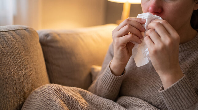 Woman blowing nose with tissue, experiencing cold or allergy symptoms while resting on a couch at home