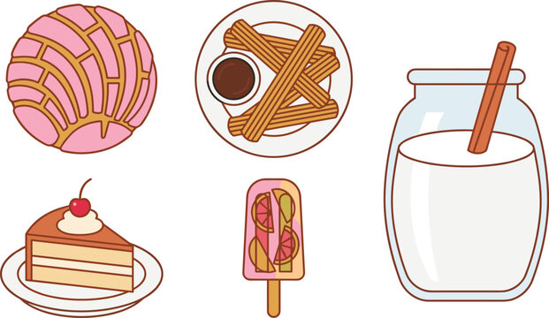 Vector collection of traditional Mexican desserts including concha sweet bread churros cake and horchata drink