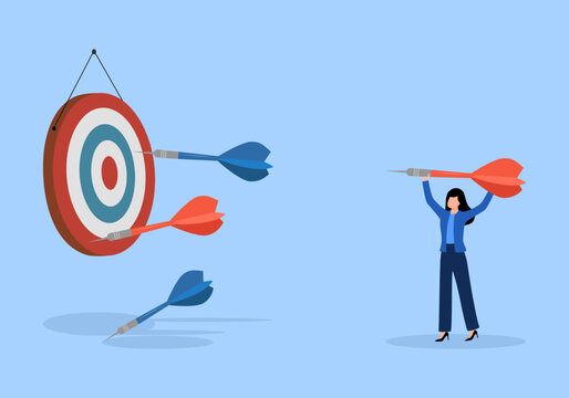 Businesswoman throwing a dart at a red target board, surrounded by missed arrows, flat style on a light background, concept of goal setting and achievement. Vector illustration