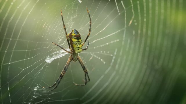 Vibrant yellow and black spider weaving delicate intricate web glistening in nature close up