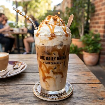 Refreshing Iced Caramel Coffee Beverage Topped with Whipped Cream and Drizzle Served in a Glass on a Rustic Wooden Outdoor Cafe Table