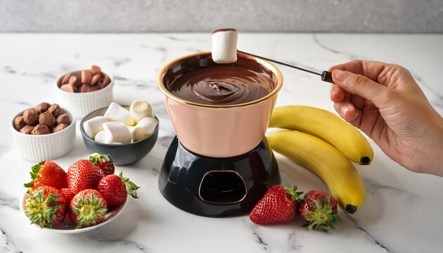 hand dipping a marshmallow into a chocolate fondue pot with strawberries and bananas on a marble counter suitable for dessert recipes and sweet treat promotions
