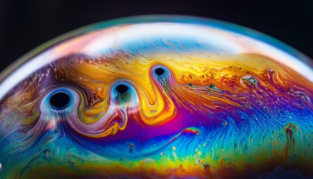 macro abstract photography of a soap bubble surface with swirling iridescent colors and a dark central void