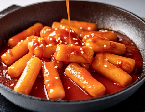 close up of tteokbokki rice cakes with a spicy sauce in a pan being drizzled with oil perfect for food editorial and recipe content