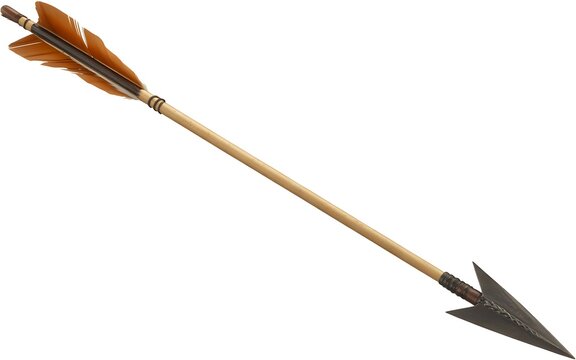 Traditional wooden hunting arrow with metal arrowhead and feather fletching isolated on white background