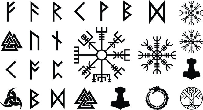 Ancient Viking Runes and Norse Mythology Symbols Set Featuring Vegvisir Compass, Valknut, Thor Hammer, and Celtic Icons for Graphic Design