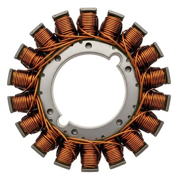 Electric motor stator with copper windings. Industrial electromagnetic coil component isolated.