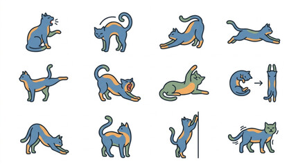 Colorful cartoon cats in various playful poses. © Ja
