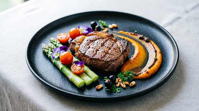 Grilled beef steak with asparagus tomatoes and vibrant vegetable mash.