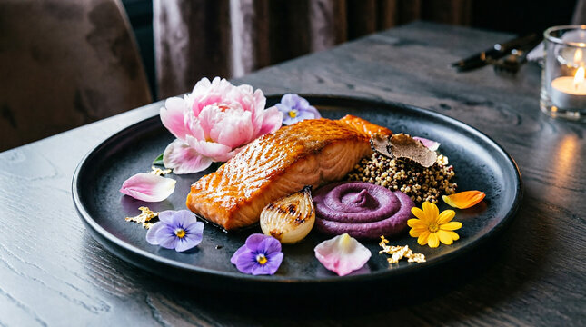 Pan-seared salmon with vibrant purple puree and edible flowers.