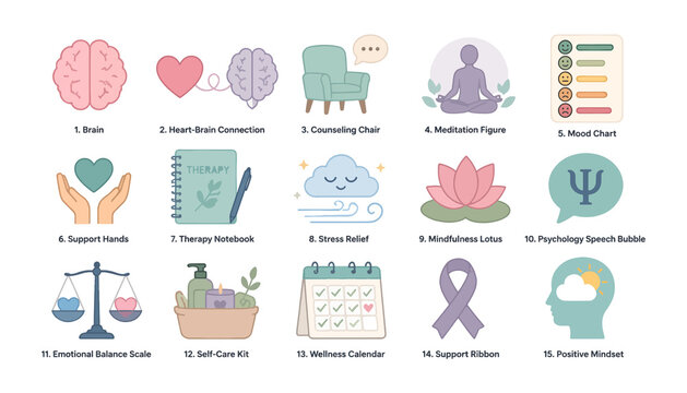 Mental Health and Wellness Icons Collection for Therapy and Self-Care Design Featuring Brain, Heart, Connection with Counseling