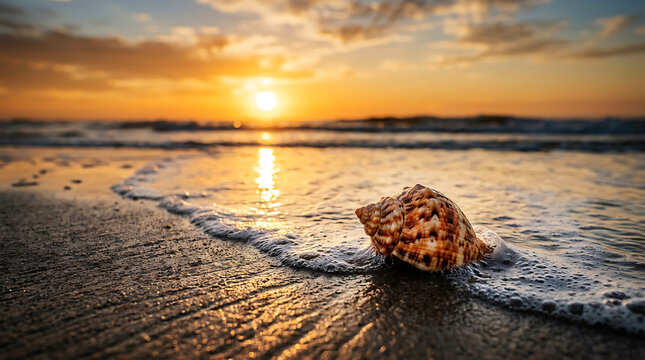 Seashell on wet sand at sunset, golden reflections ocean