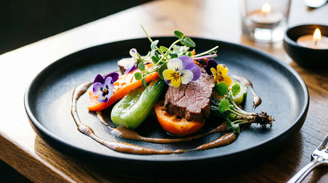 Elegant steak dinner served on black plate with edible flower garnish set.